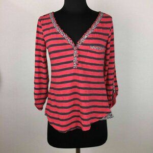 Anthropologie Postmark Henley Top Womens S Striped Floral Trim Roll Tab Sleeves